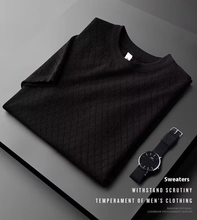 Men's ice silk T-shirt on a hanger, showing both V-neck and round neck options in black and white.