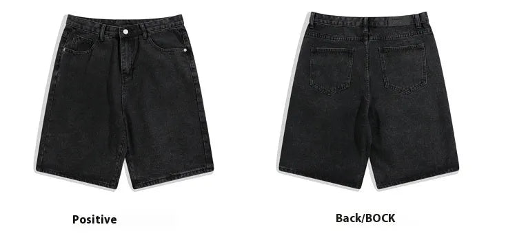 Men's straight-leg denim shorts in light blue, white, black and grey colours showing mid waist design