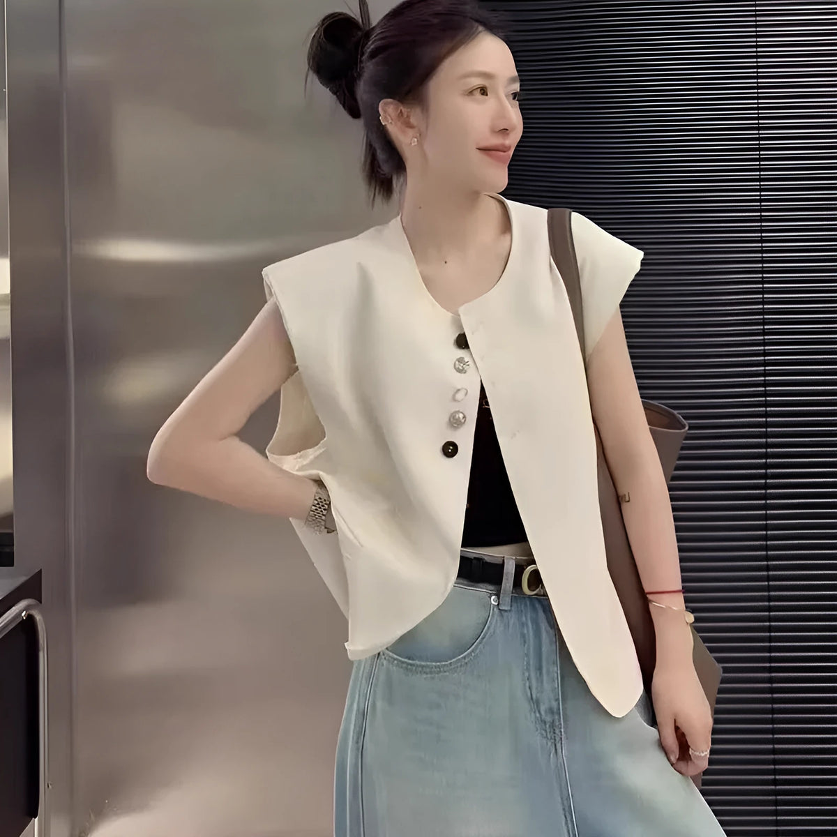 Women's short loose-fitting polyester vest in milky white with pocket details