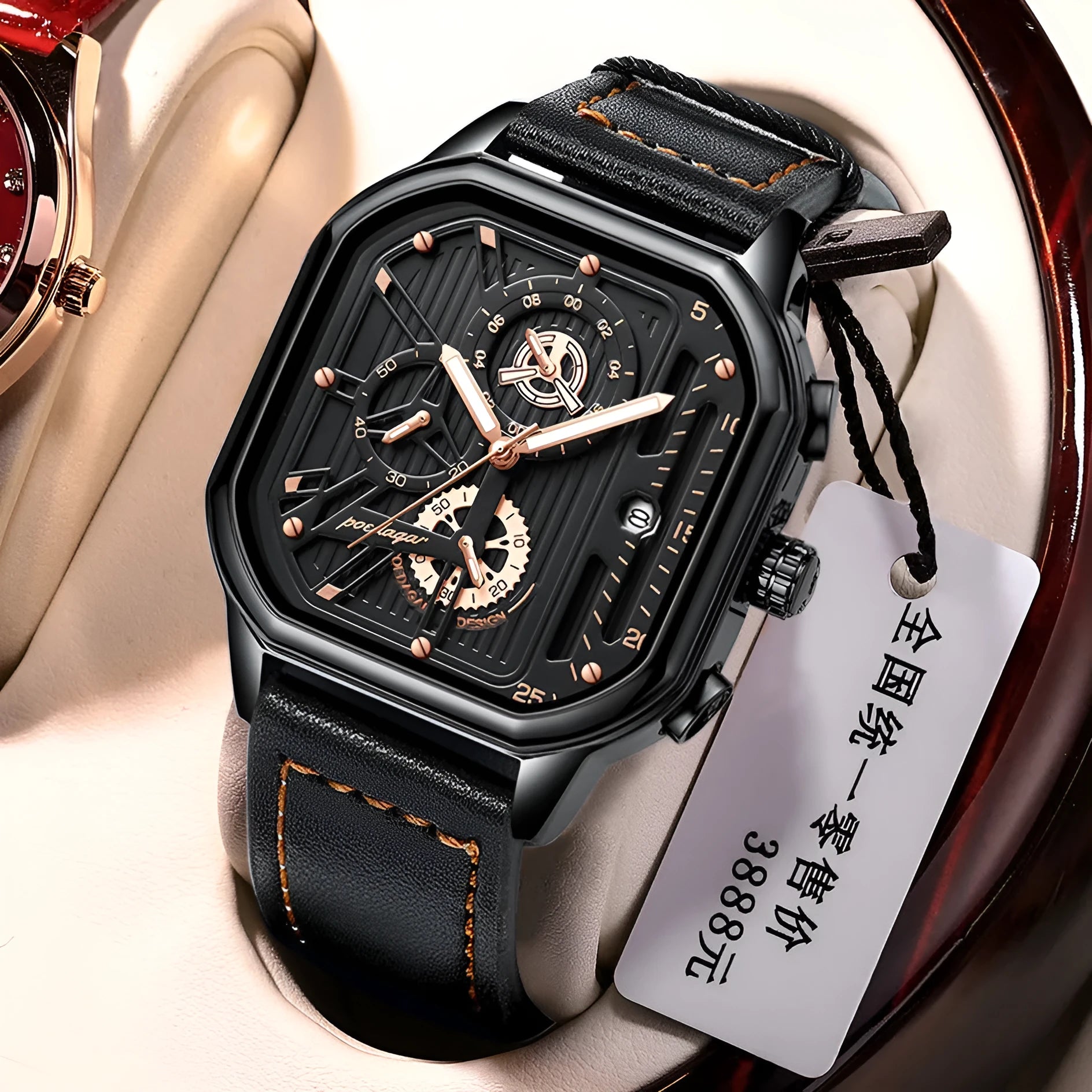 Men's sport watch with belt-style strap, 8mm thick case in gold or silver finish with black dial