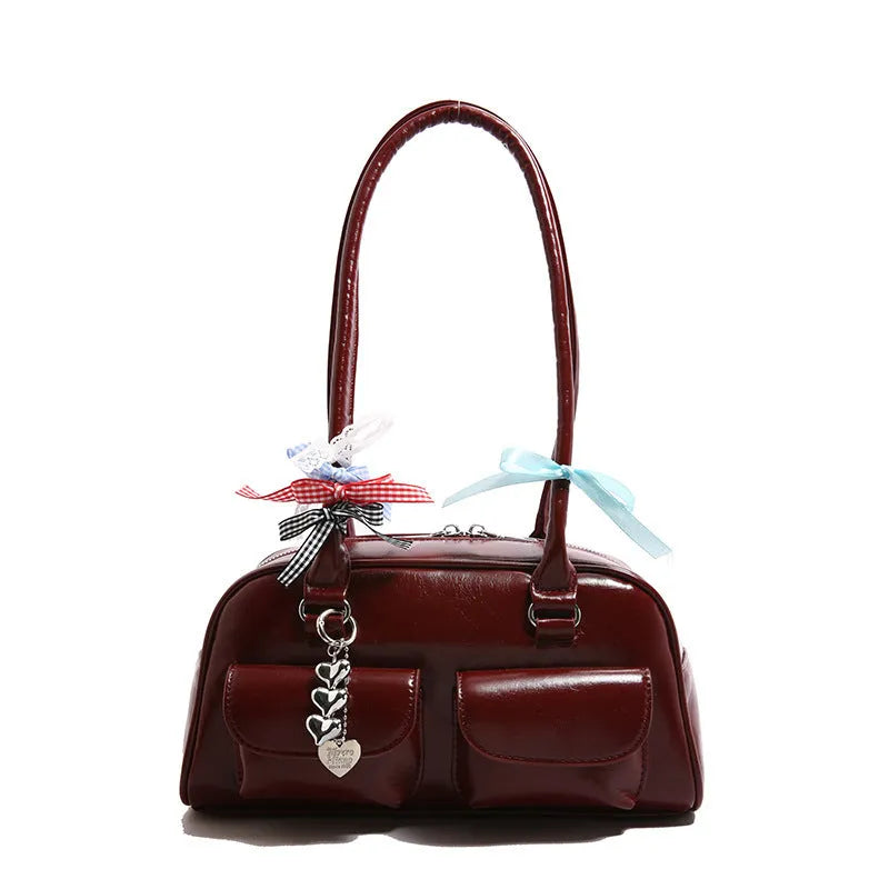 PU leather women's pillow handbag with flap closure and double shoulder straps in retro design
