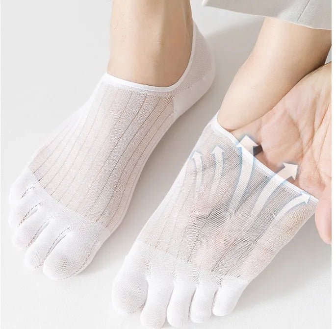 Modal cotton five-finger ultra-thin boat socks in solid colours on a white background.