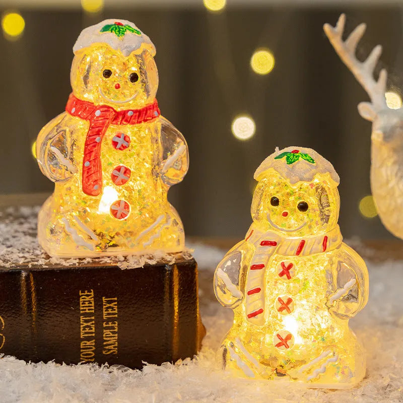 Glowing plastic gingerbread man Christmas ornament with LED light and a red scarf, modern simple style.