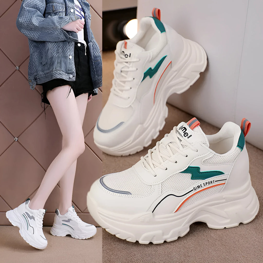 Women's white height increasing sports shoes with cross shoulder straps and rubber sole