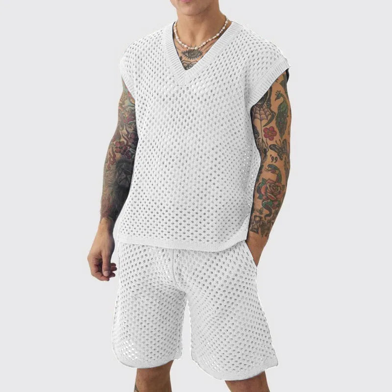Men's blue V-neck sleeveless vest and matching shorts sports outfit on a hanger.