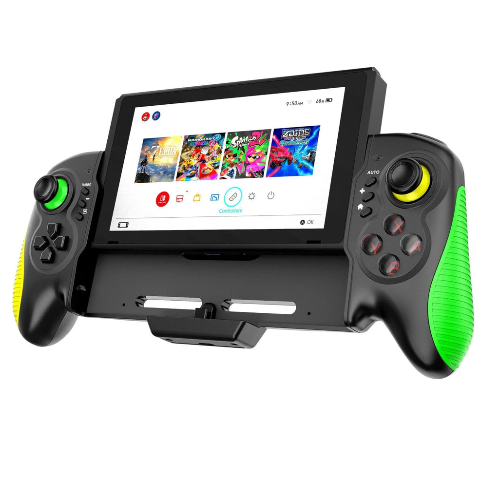 Yellow-green game controller with in-line handles for Nintendo Switch and Windows PC compatibility