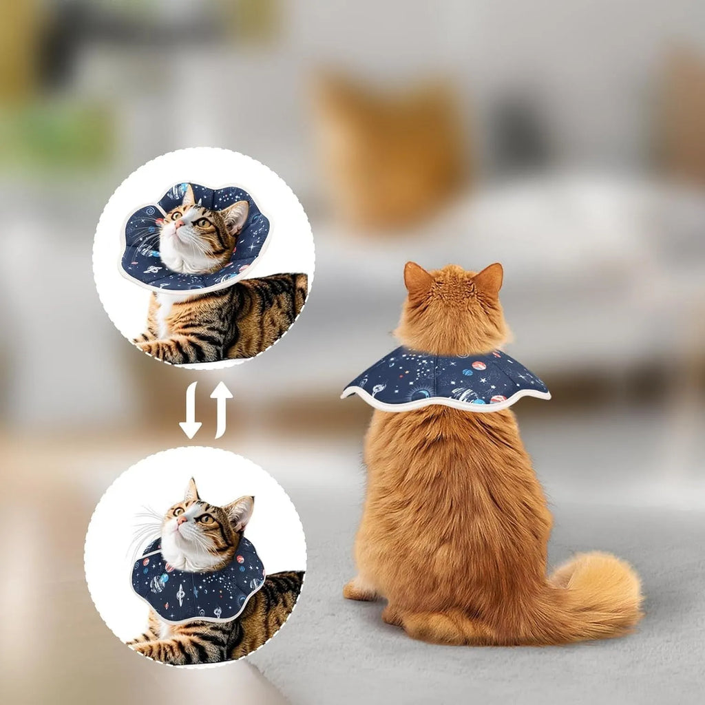 Soft adjustable cat cone collar in constellation print, showing adjustable circular fastener and soft fabric construction.