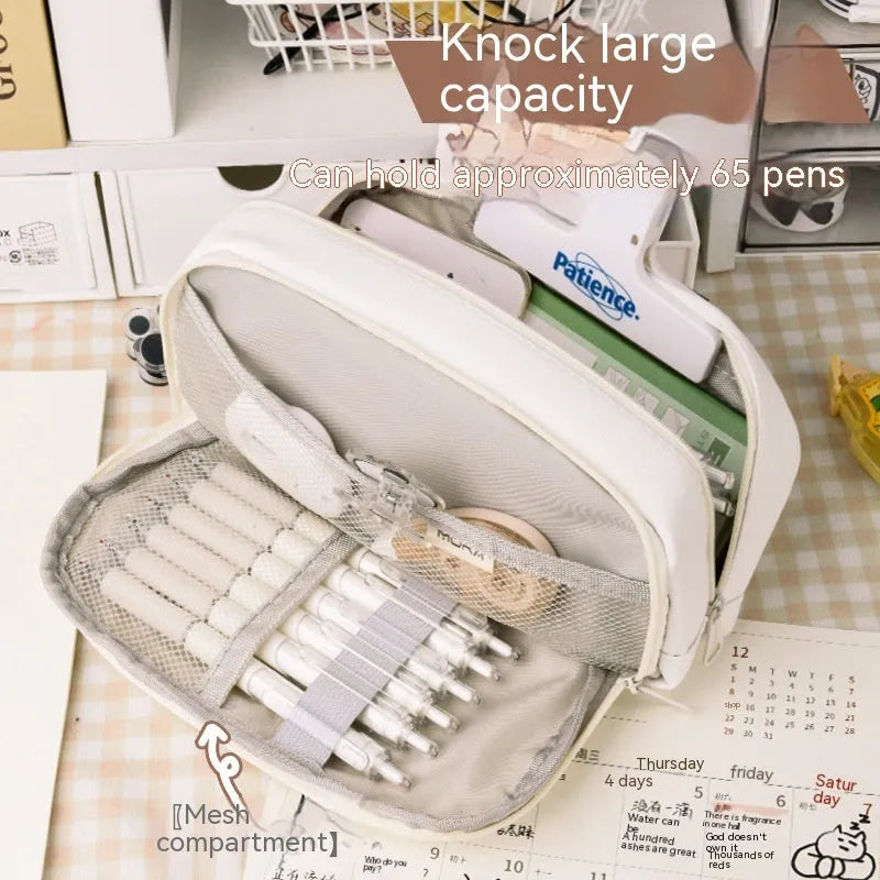 Large capacity canvas pencil case with eight compartments in Korean style design
