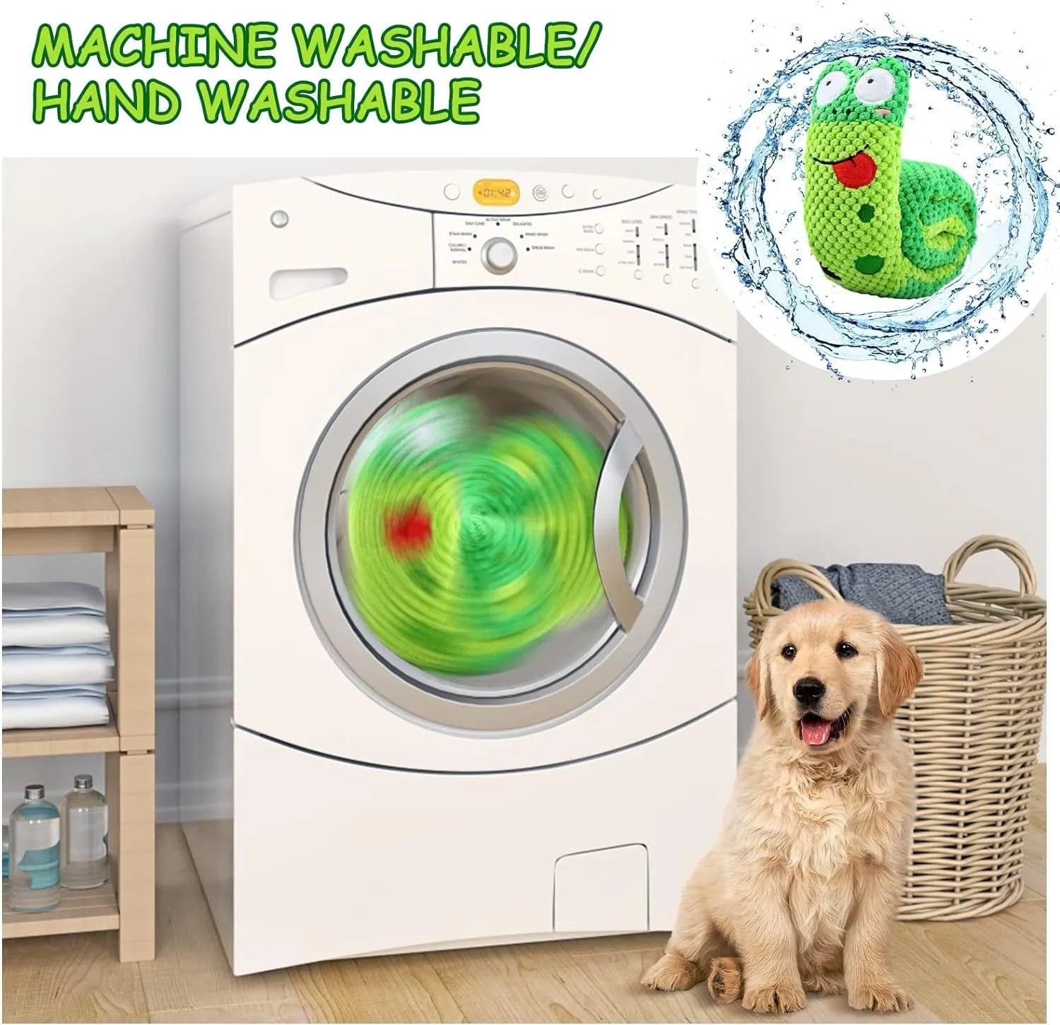 Thick velvet dog puzzle toy that transforms between snail and stick shapes with hidden food holes
