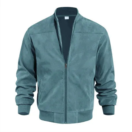 Men's plus size Army Green suede zip-up casual jacket on a hanger.