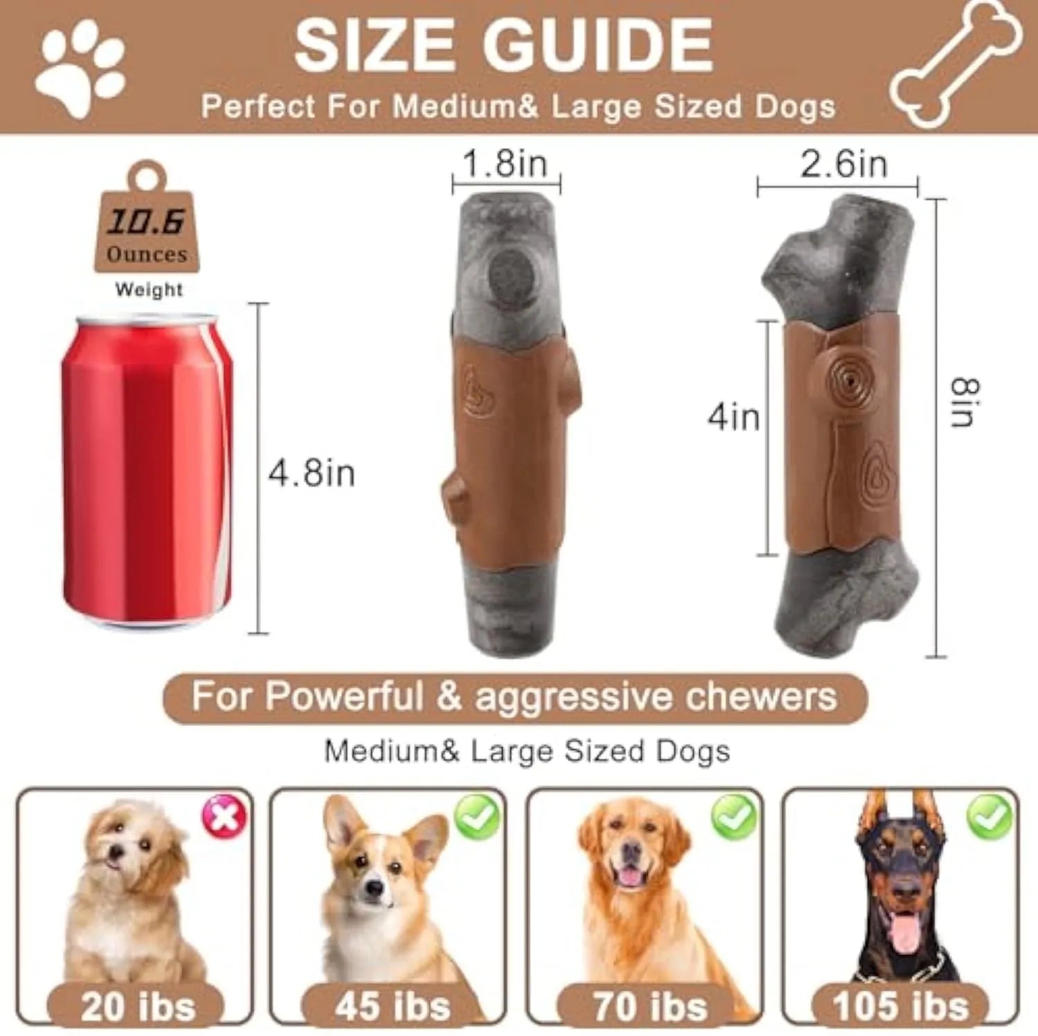 Heavy branch-shaped nylon dog chew toy with bacon flavour for large breed aggressive chewers