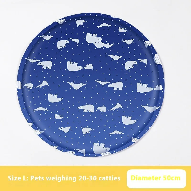 Round cloth dog cooling mat with cartoon design in blue paw print pattern.