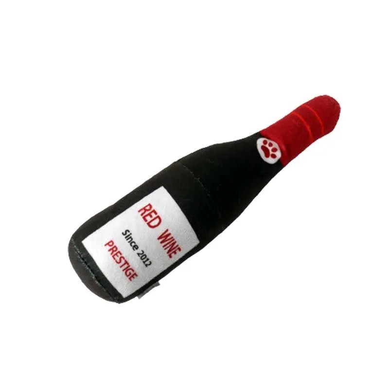 Plush wine bottle dog chew toy with squeaker for small medium dogs in multiple colour options