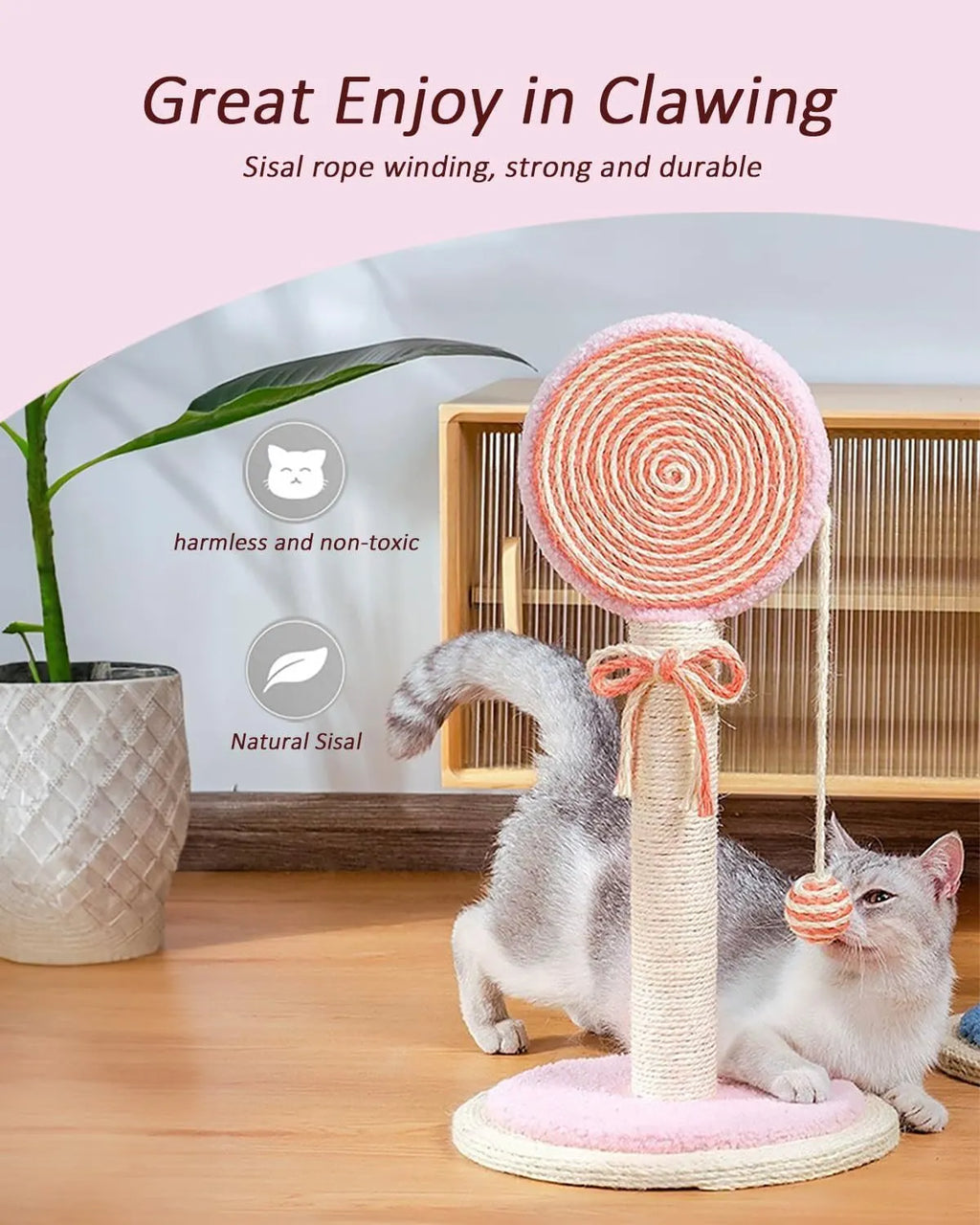 Blue cat scratching post with sisal rope and a hanging ball toy on a sturdy wooden base.