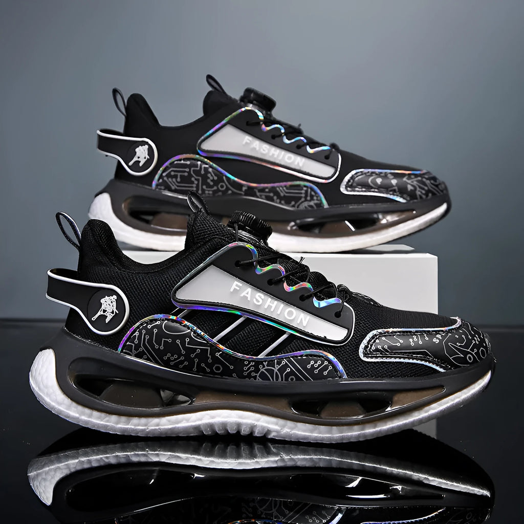 Men's low-top mesh sports shoe in black with elastic band closure and Popcorn TPU sole.