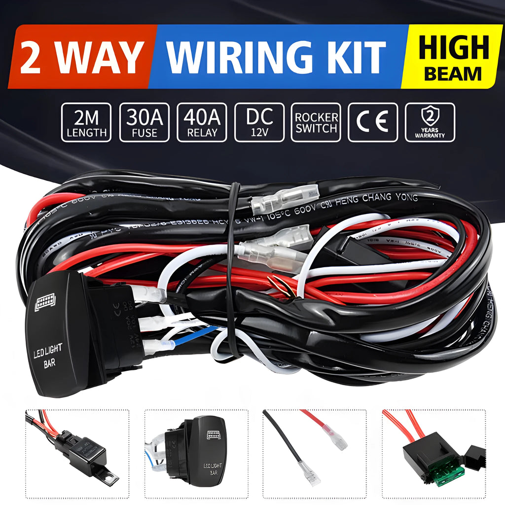 Black 2 metre off road LED spotlight cable set with integrated switch for vehicle lighting installation
