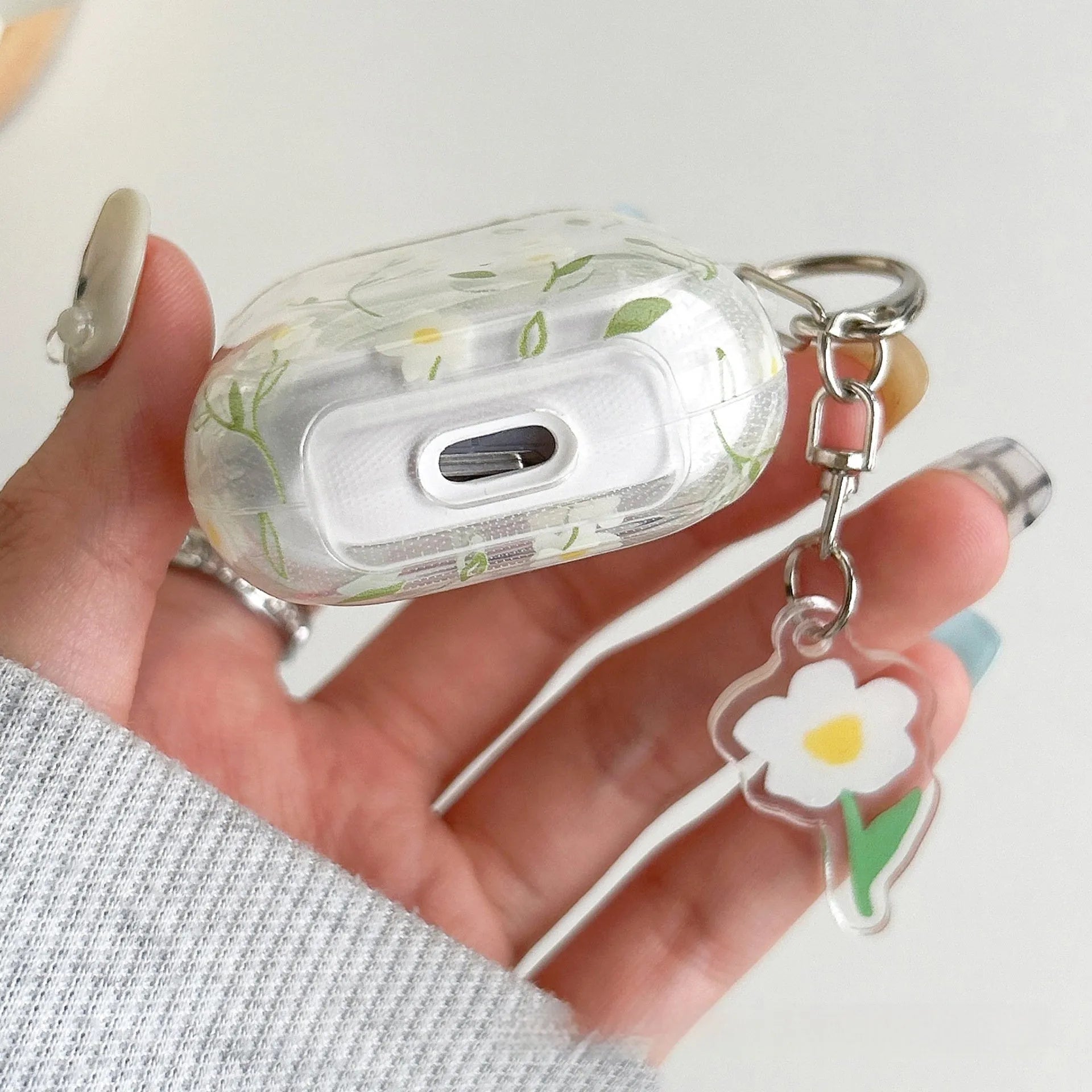 White floral pattern AirPods protective cover with high-transparency TPU material