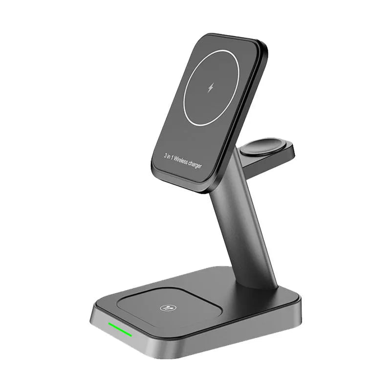 Black minimalist three-in-one wireless charging station with phone stand and watch pad, 10000mAh power bank