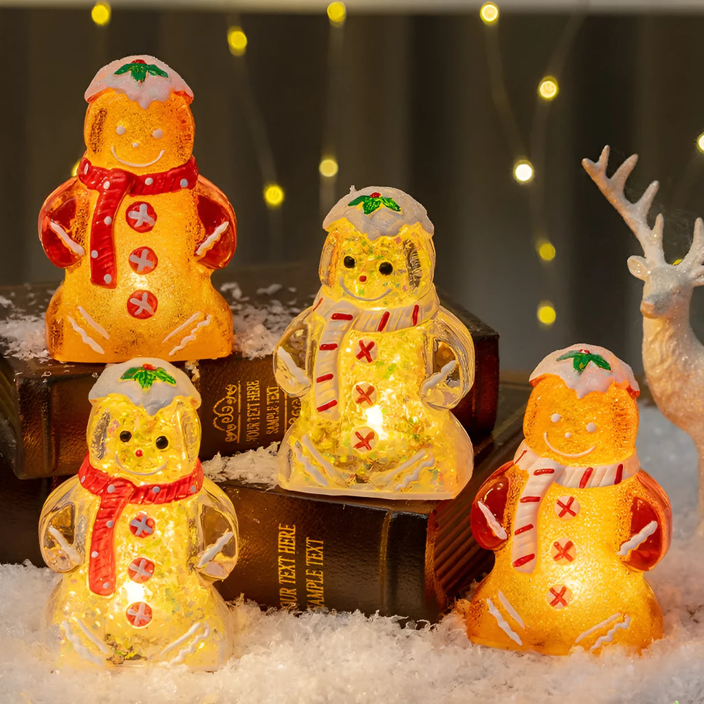 Glowing plastic gingerbread man Christmas ornament with LED light and a red scarf, modern simple style.