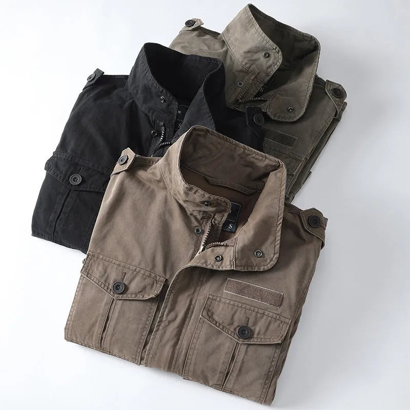 Men's loose-fit casual zip-up jacket in cotton twill, shown in light brown.