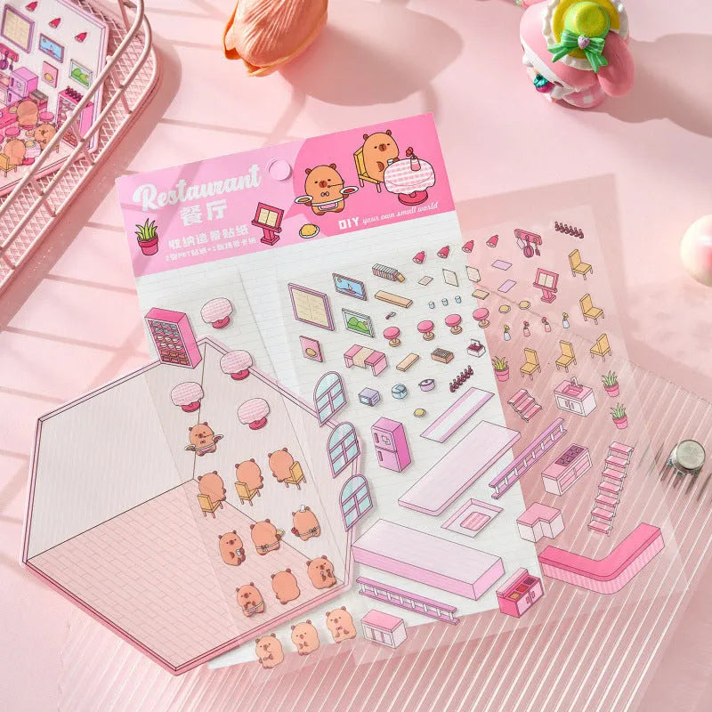 Capabala pre-cut 3D landscaping cartoon stickers on sheet, showing themes like bakery, bookstore, and flower shop.