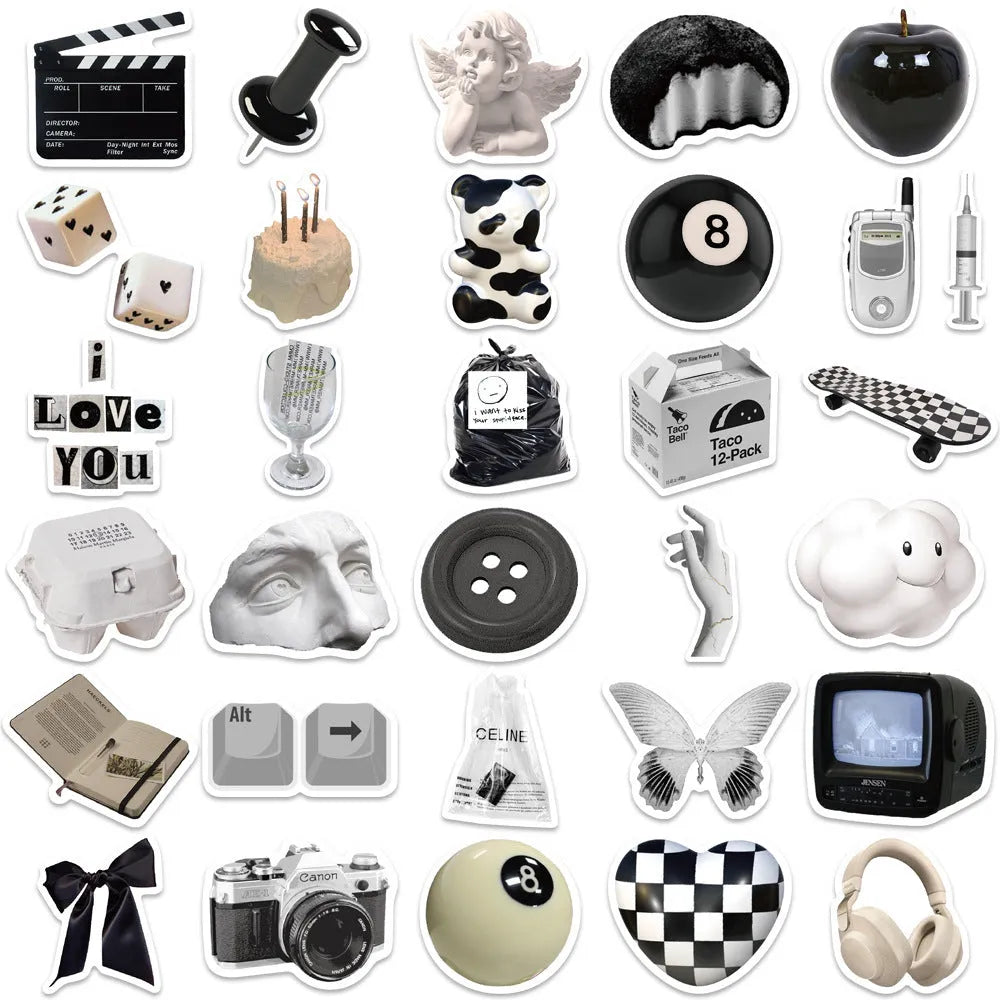 61-piece pack of black and white simple style PVC waterproof stickers for laptops and phones.