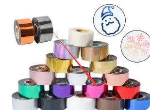 Rolls of electrochemical aluminium hot stamping foil in gold, silver, red, and black colours showing different widths.