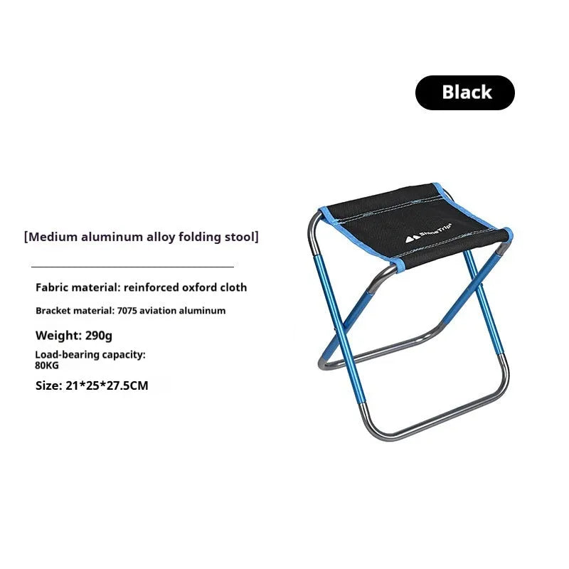 Black aluminium alloy folding stool shown in a folded position for portable storage.