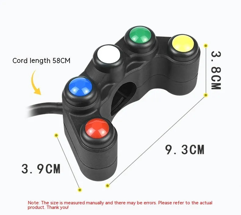 Plastic five-colour five-position vehicle switch with red, yellow, blue, green, white buttons and 52cm cable