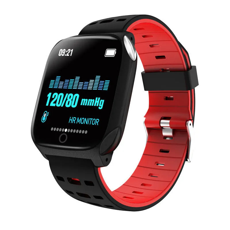 F16 smart watch with ECG function on wrist, showing black grey silicone band and 43mm IPS touchscreen display.