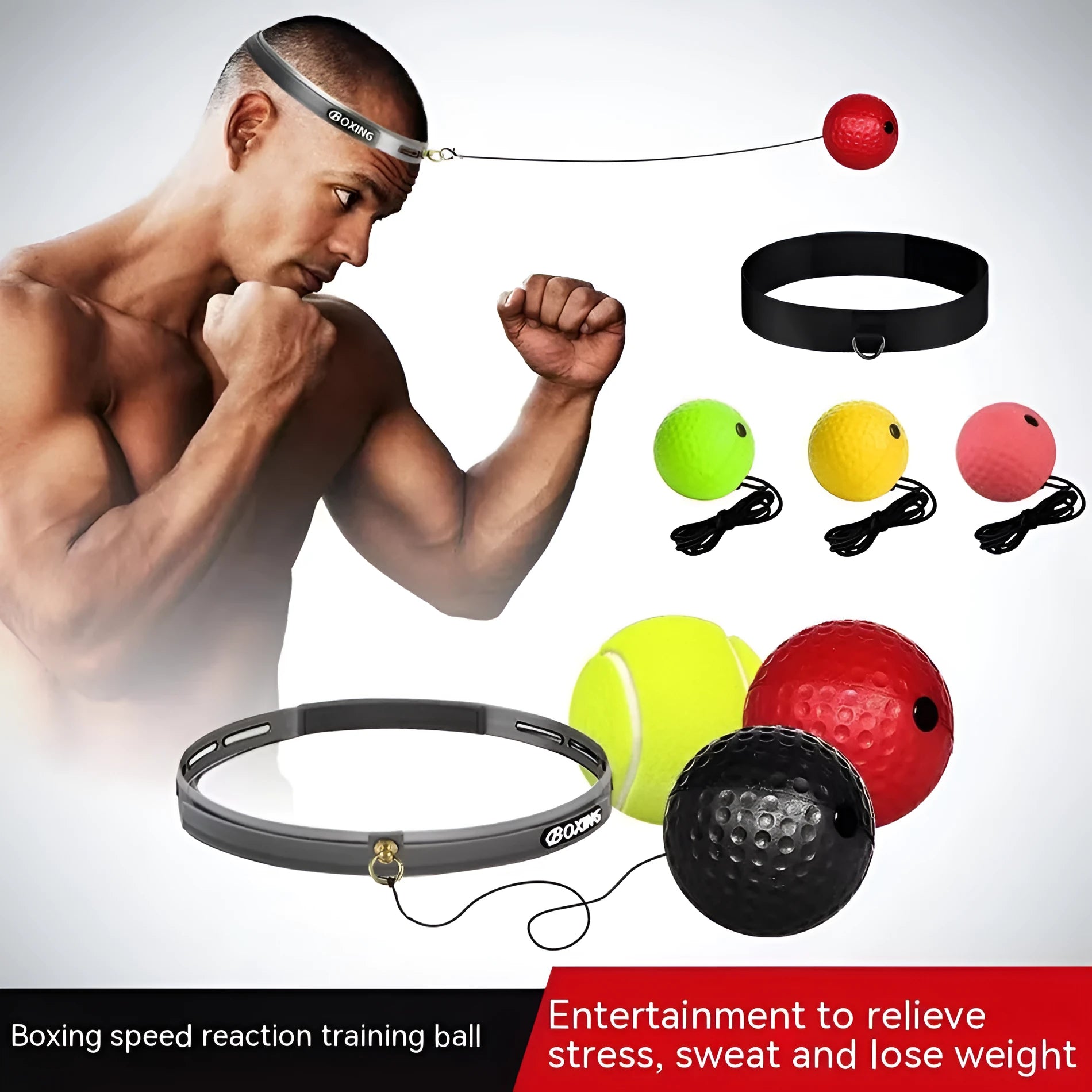 Head-mounted boxing reaction training ball with adjustable headband and red PU soft ball.