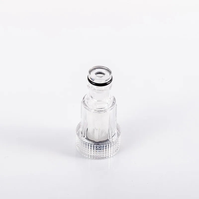 Transparent plastic inlet joint and filter screen for Karcher pressure washer, 3cm diameter.