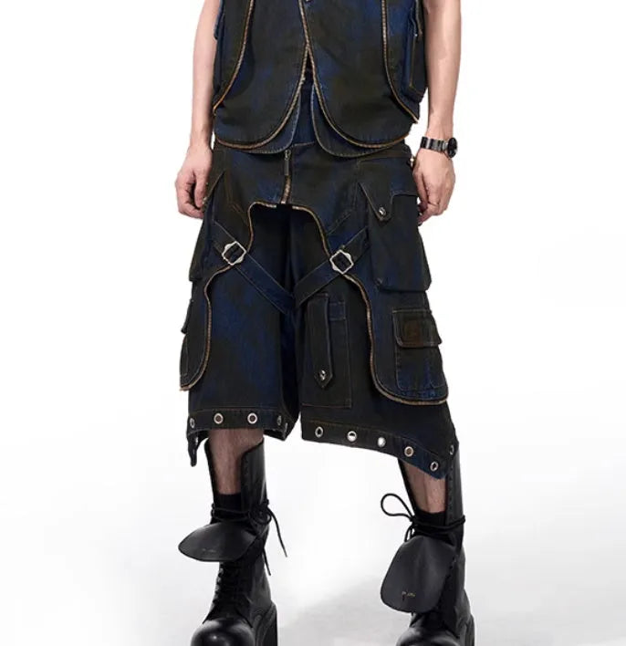 Blue Korean-style hooded denim vest coat and matching trousers two-piece set