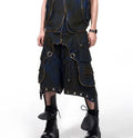Blue Korean-style hooded denim vest coat and matching trousers two-piece set