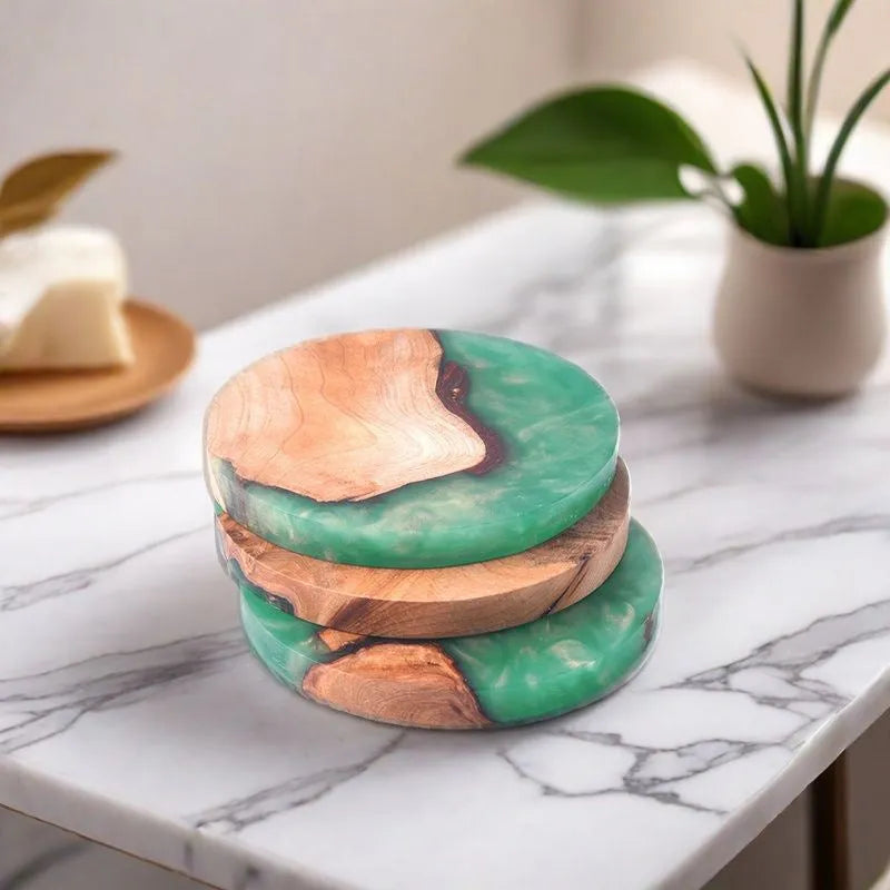 Wooden Kung Fu tea coaster in green solid colour with heat insulation resin