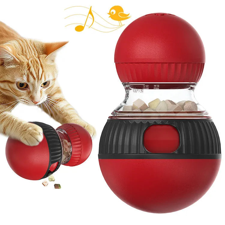 Rotating plastic cat toy with food dropping ball and sound elements in super ball colour