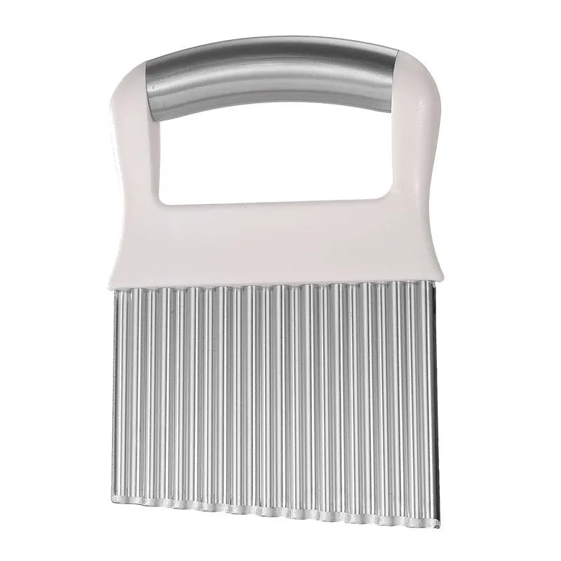 Stainless steel potato wave knife for making wavy-cut chips, shown with black handle.