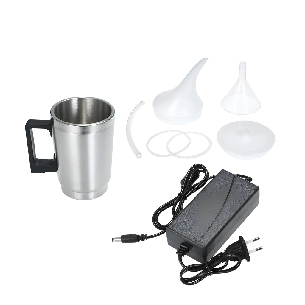 Automobile headlamp renovation kit with stainless steel parts including cups with elbow covers and dual-use funnels with power adapters