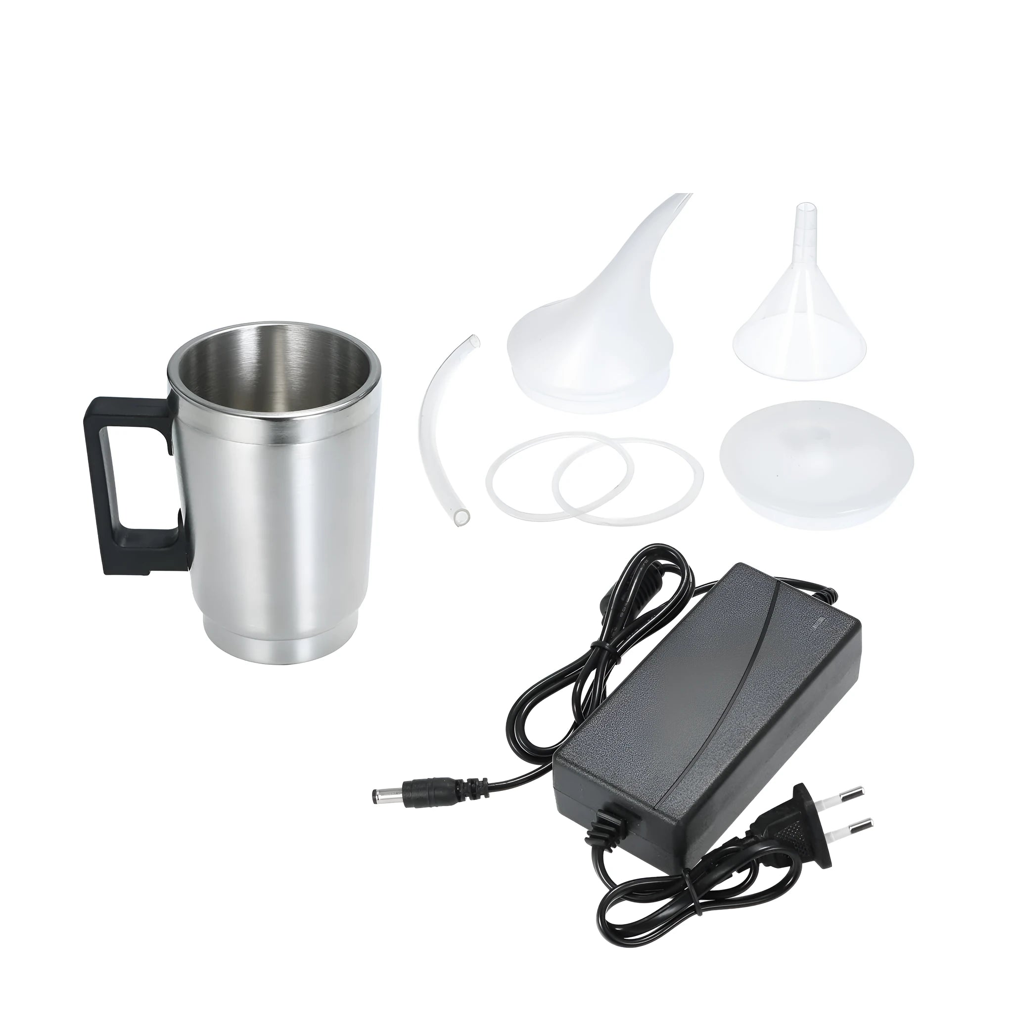Automobile headlamp renovation kit with stainless steel parts including cups with elbow covers and dual-use funnels with power adapters