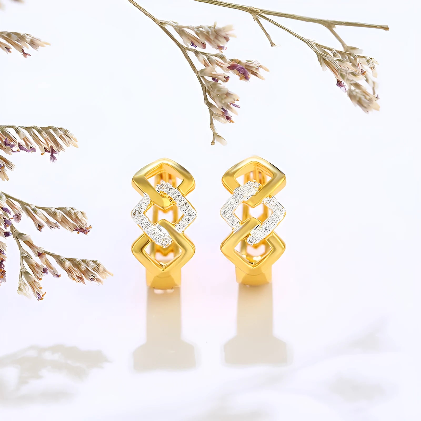 Geometric hollow out gold electroplated alloy earrings with colour separation ear clip design