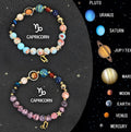 Natural stone beaded zodiac bracelet set showing twelve astrology sign styles, two bracelets per style