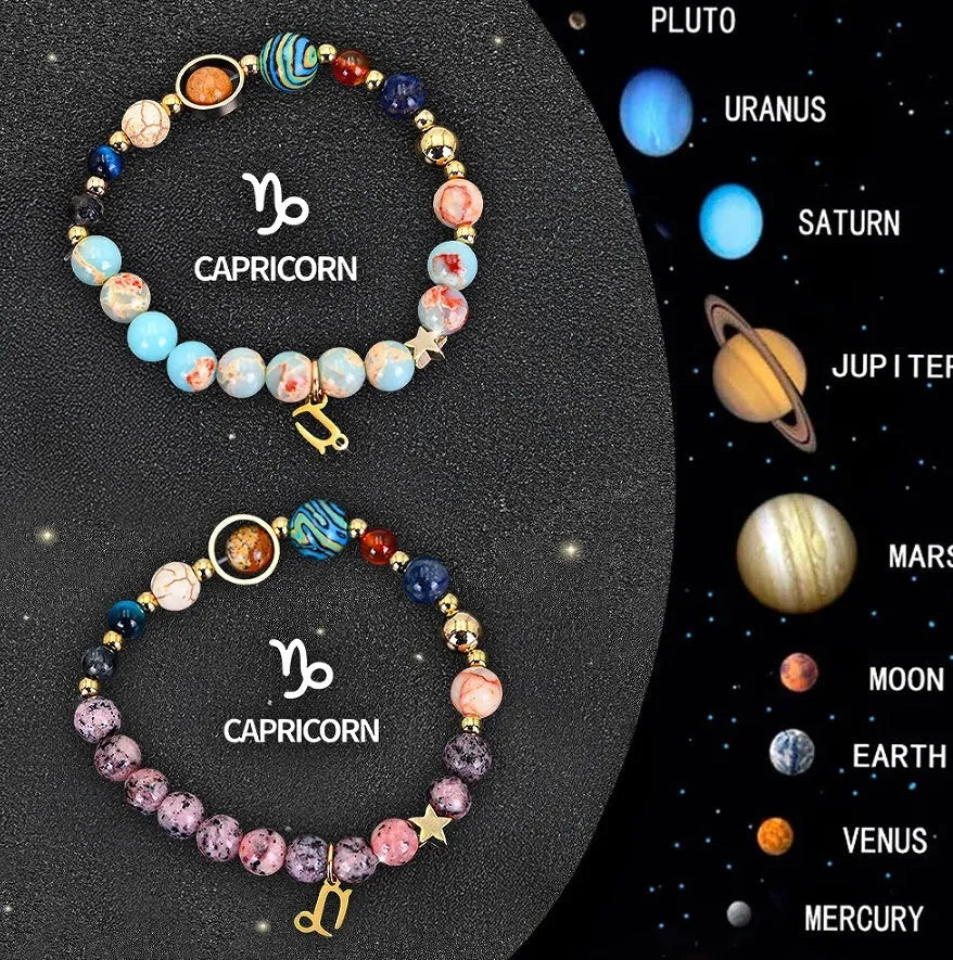 Natural stone beaded zodiac bracelet set showing twelve astrology sign styles, two bracelets per style