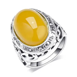 Geometric retro-style alloy ring with fluorescent beeswax plating and antique silver amber finish