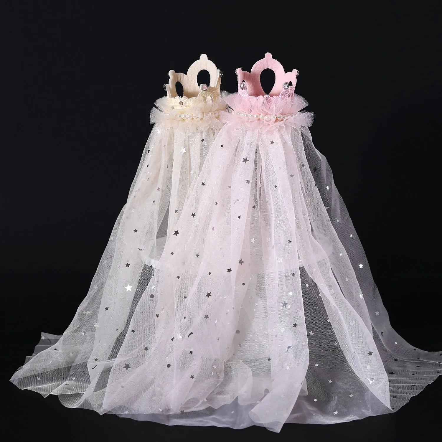 Pet cat wearing princess crown headdress with crown veil in beige colour option