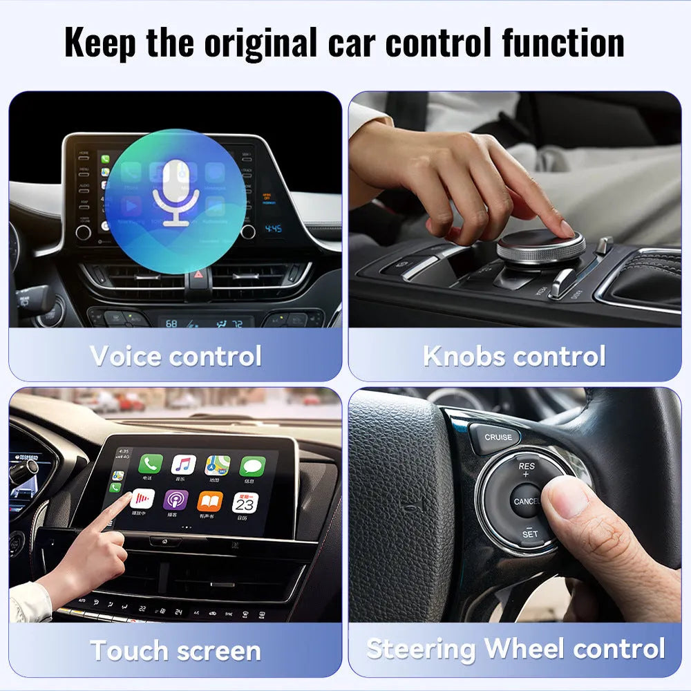 Black mini CarPlay USB interface adapter with wireless data transfer measuring 26×55×13mm