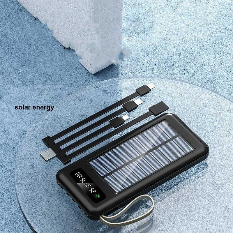 Solar power bank in black or white with integrated solar panel, showing compact 144mm x 68mm x 16mm dimensions.