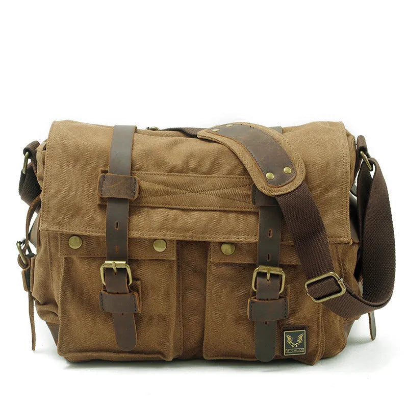 Men's canvas crossbody bag with postman flap in army green colour showing internal compartments