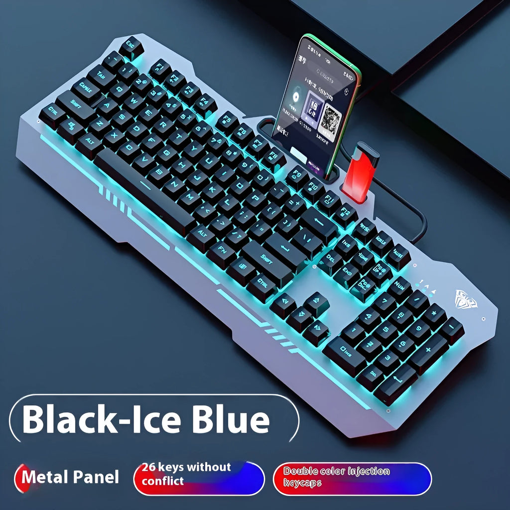 F3010 black and white metal keyboard gaming bundle with mouse, headset, and colourful LED lighting