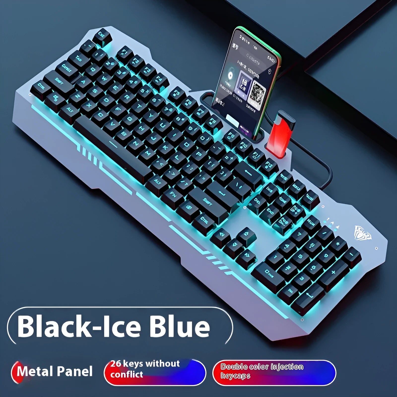 F3010 black and white metal keyboard gaming bundle with mouse, headset, and colourful LED lighting