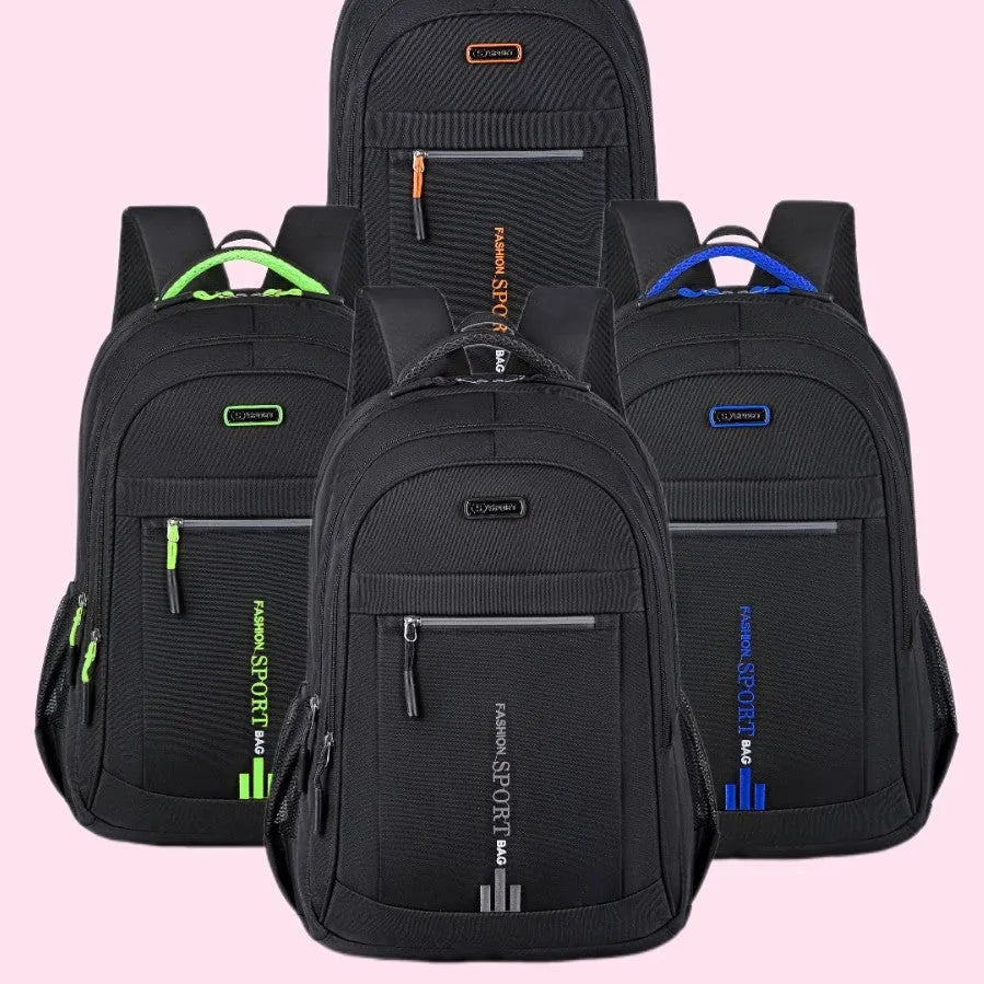 Black Oxford cloth business backpack with airpillow straps, shown open to reveal interior capacity.